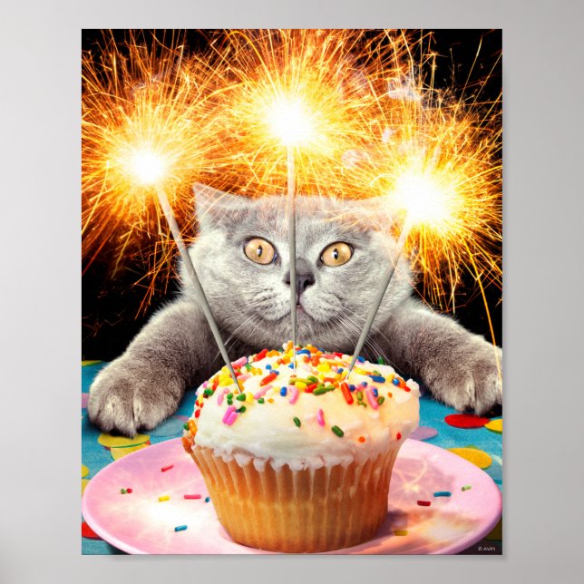 Affiche Cat With Sparkler Cupcake (Devant)