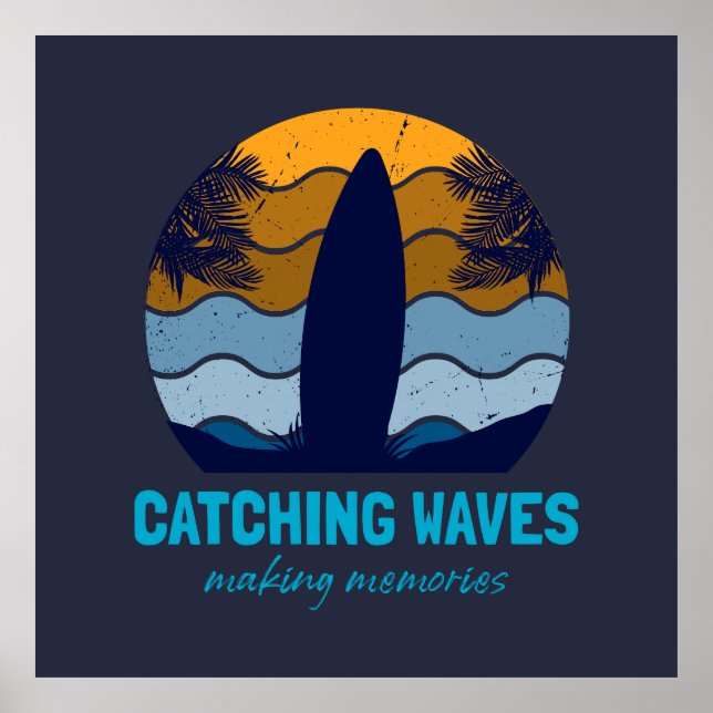 Affiche Catching Waves Retro Surboard Beach Art (Devant)