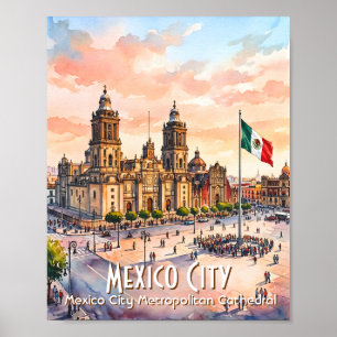 Affiche Cathédrale catholique de Mexico Watercolor Voyage