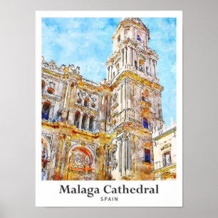 Affiche Cathédrale de Malaga Espagne Voyage Aquarelle