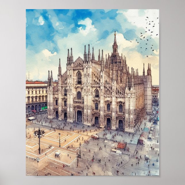 Affiche Cathédrale de Milan Italie Aquarelle Art (Devant)