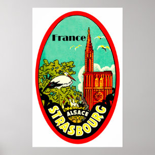 Affiche Cathédrale de Strasbourg, cigognes, France, cru