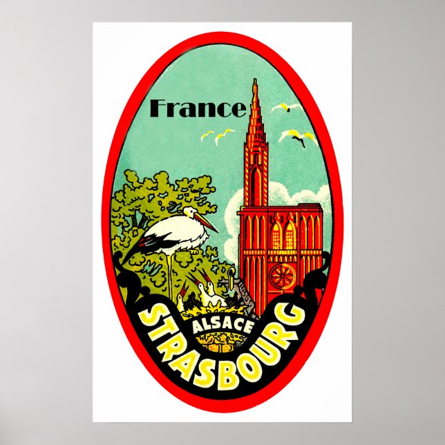 Affiche Cathédrale de Strasbourg, cigognes, France, vintag (Devant)