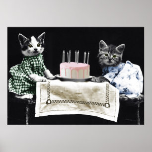 Affiche Cats celebrating a birthday with cake and candles