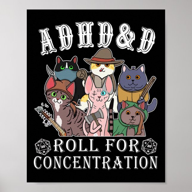 Affiche Cats Rpg Gamer Roll For Concentration D20 Dice Ner (Devant)