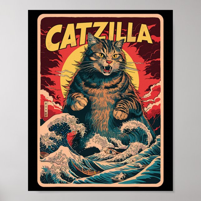 Affiche Catzilla Art Japonais Drôle Chat Vintage Graphisme (Devant)