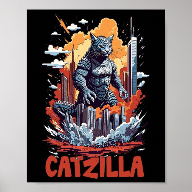 Affiche Catzilla Cat City Skyline amusant (Devant)