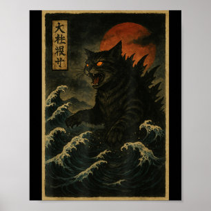 Affiche Catzilla Chat Art Japonais Drôle de Chat Pour Homm