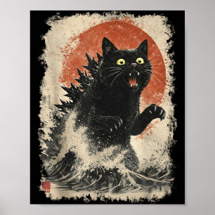 Affiche Catzilla Chat Art Japonais Drôle pour Hommes Femme