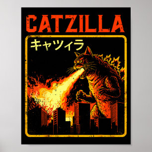Affiche Catzilla Chat Monstre Drôle Parodie Japonaise Femm