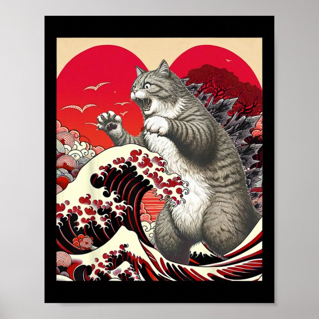 Affiche Catzilla Chat Valentine Japonaise Art Drôle Chat C (Devant)
