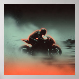 Affiche Cavalier de moto néon sous la pluie et la brume