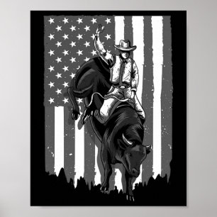 Affiche Cavalier de rodéo au drapeau américain 4 juillet p