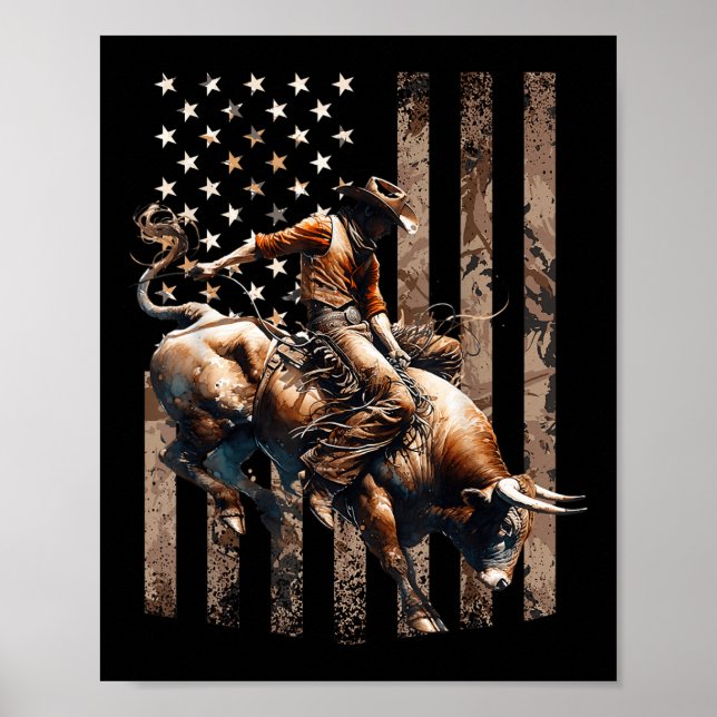 Affiche Cavalier de Rodéo Patriotique Cow-boy Drapeau Usa  (Devant)