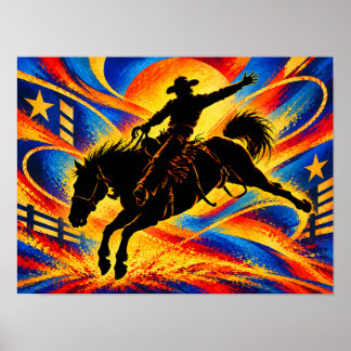 Affiche Cavalier de rodéo sur un cheval en silhouette