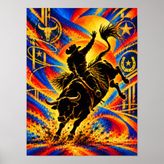 Affiche Cavalier de rodéo sur un taureau en silhouette
