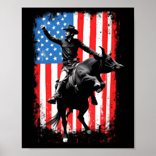 Affiche Cavalier de Rodéo Taureau Patriote Cowboy Américai