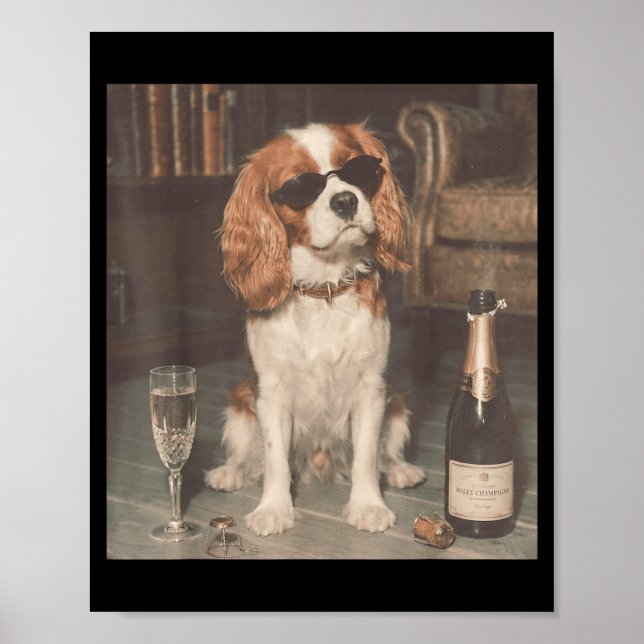 Affiche Cavalier King Charles buvant du champagne drôle (Devant)