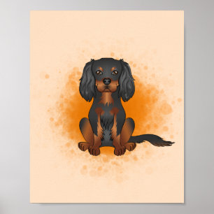 Affiche Cavalier King Charles noir et feu sur fond orange