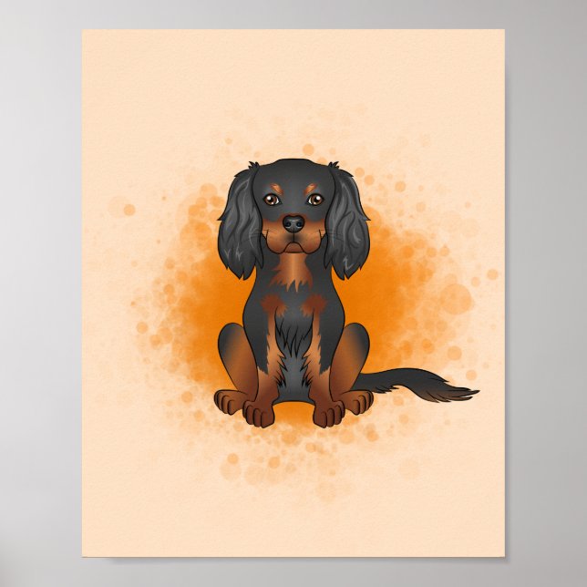 Affiche Cavalier King Charles noir et feu sur fond orange (Devant)