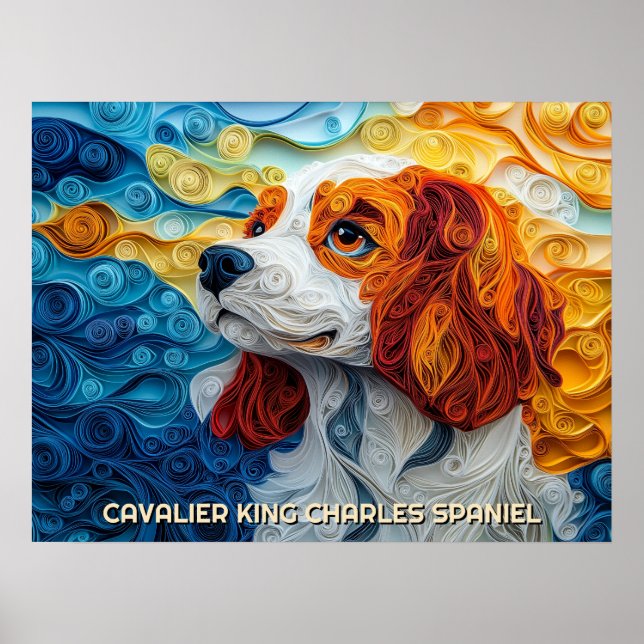 Affiche Cavalier King Charles Quilling Art Chien Portrait (Devant)