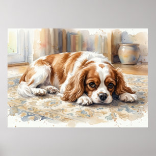 Affiche Cavalier King Charles Spaniel Couché Aquarelle