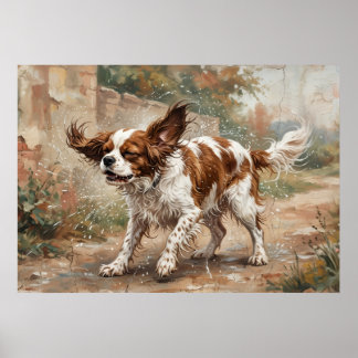 Affiche Cavalier King Charles Spaniel Jouant dans le Jardi