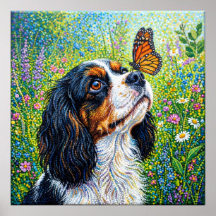 Affiche Cavalier King Charles Spaniel Papillon Jardin Pos