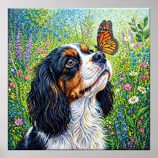 Affiche Cavalier King Charles Spaniel Papillon Jardin Pos (Devant)