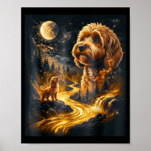 Affiche Cavapoo hurlant à la lune rétro animal vintage