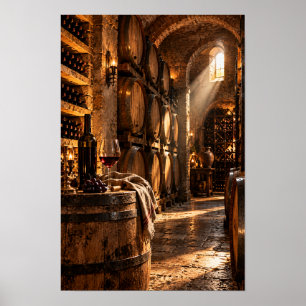 Affiche Cave à vin rustique avec fûts de chêne – Vin vinta