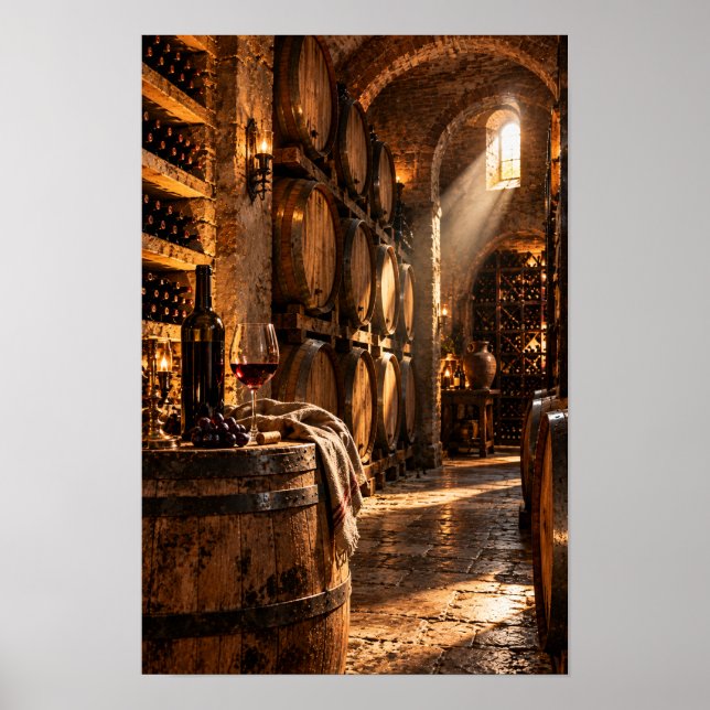 Affiche Cave à vin rustique avec fûts de chêne – Vin vinta (Devant)