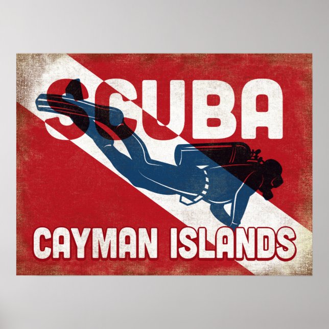 Affiche Cayman Islands Plongeur - Blue Retro (Devant)