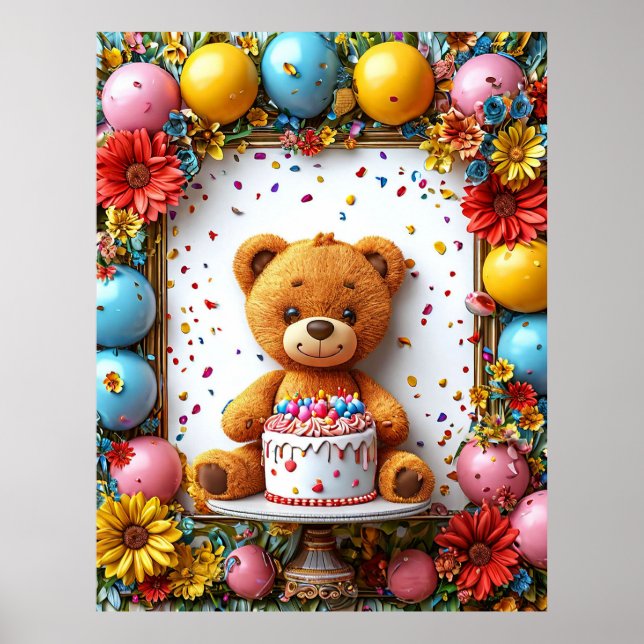 Affiche Célébration d'anniversaire adorable avec un ours e (Devant)