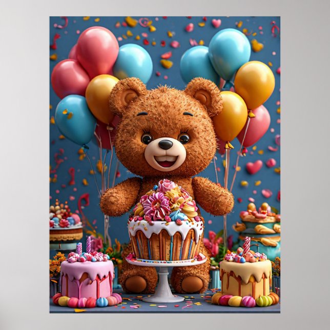 Affiche Célébration d'anniversaire avec un ours en peluche (Devant)