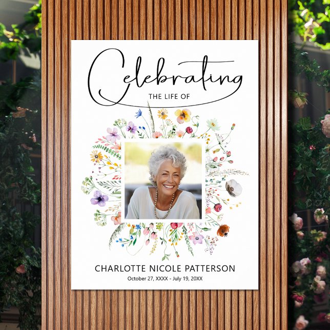 Affiche Célébration de la vie moderne avec des fleurs sauv (Celebration of Life photo memorial funeral poster - INSTANT DOWNLOAD or PRINTED (framed, too))