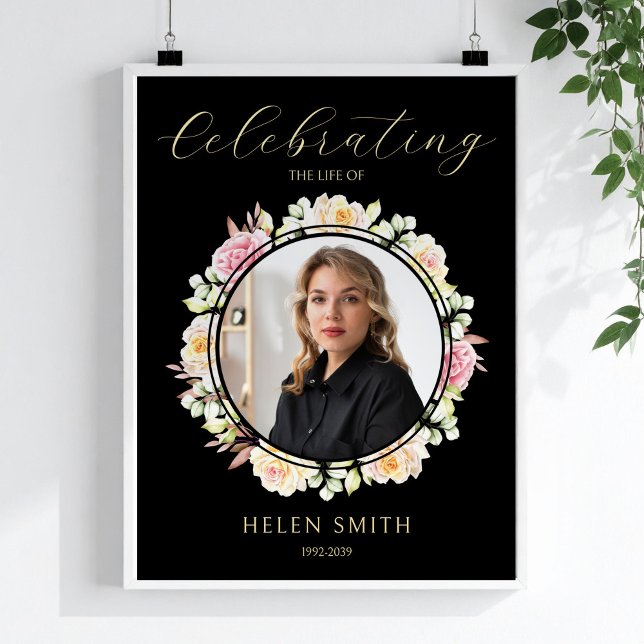 Affiche Célébration de la vie Photo Fleurs Mémorial Funéra (Celebration of Life Photo Floral Memorial Funeral Poster, Loss Of Sister, Remembrance Gift)