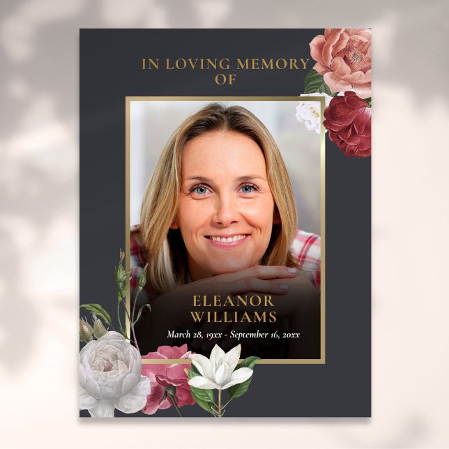 Affiche Célébration de la vie photo florale mémorial funér (Funeral Memorial Floral Photo Celebration Of Life Poster)