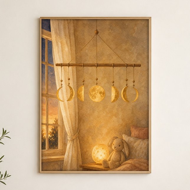 Affiche céleste de phases lunaires à l'aquarelle m (Shown framed for scale. Poster ships unframed; frames are an optional add-on.)