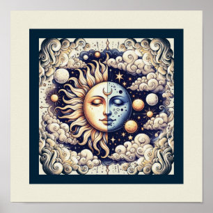 Affiche Céleste Vintage Demi Soleil & Lune Bleu Jaune