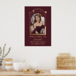 Affiche Celestial Red Gold 30th Birthday Welcome<br><div class="desc">Celestial Red Gold 30th Birthday Welcome Poster présente un élégant cadre doré, lune et étoiles sur un arrière - plan rose-rouge profond. À l'intérieur est votre photo préférée et sous votre signe d'anniversaire de bienvenue. Personnalisez en modifiant le texte dans les zones de texte et en ajoutant votre photo préférée....</div>