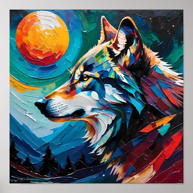 Affiche Celestial Wolf Under Painted Moon – Abstract  (Devant)