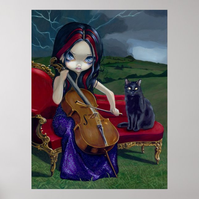 Affiche Cello Storm Art Imprimer chat noir musique gothiqu (Devant)