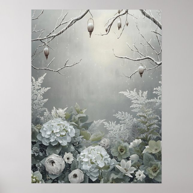 Affiche Centre de table en fleurs d'hydrangea blanc hivern (Devant)