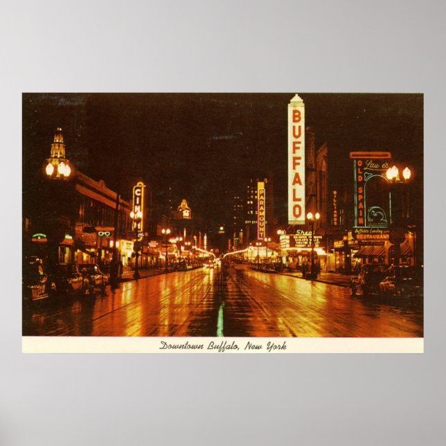Affiche Centre-ville Buffalo NY la nuit Vintage (Devant)