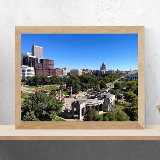 Affiche Centre-ville de Denver avec le Capitole (A poster of downtown Denver, Colorado featuring the Capitol Building and Civic Center park.)