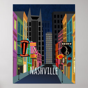 Affiche Centre-ville de Nashville la nuit