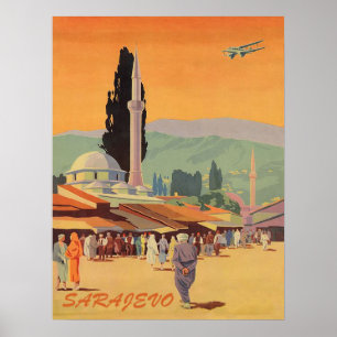 Affiche centre-ville de Sarajevo, Bosnie, voyage vintage