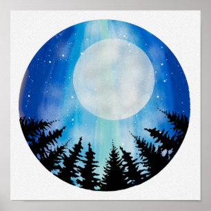 Affiche Cercle abstrait Ciel nocturne Bois Pleine Lune Éto