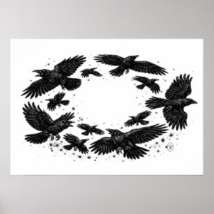 Affiche Cercle de corbeaux – Illustration à l'encre hantée
